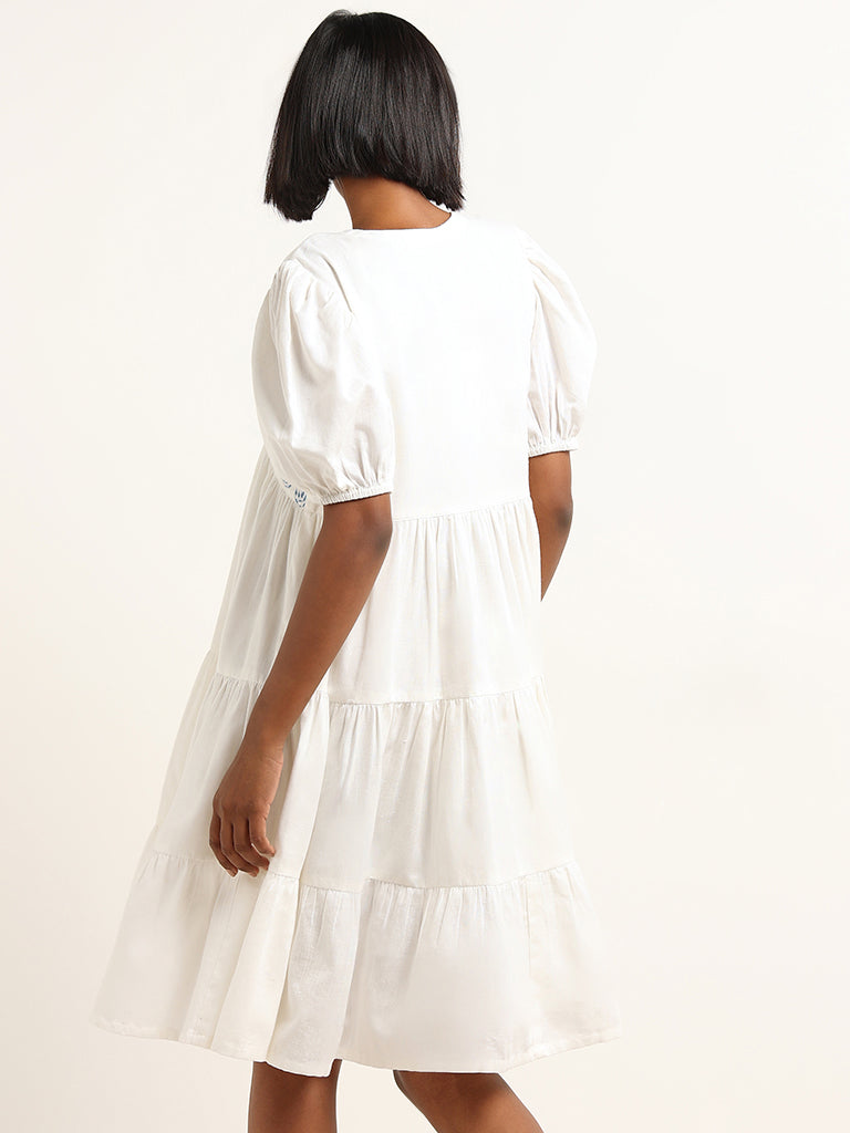 Bombay Paisley White Embroidered Cotton Blend Tiered Dress