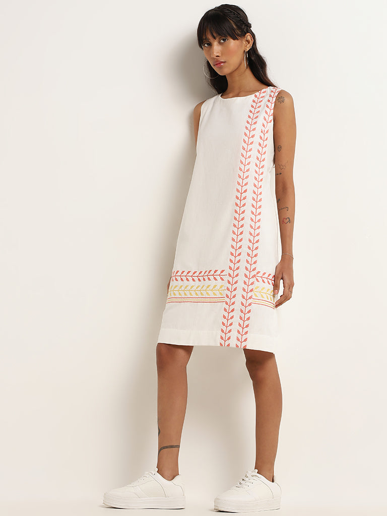 Bombay Paisley White Printed Cotton Blend Straight Dress