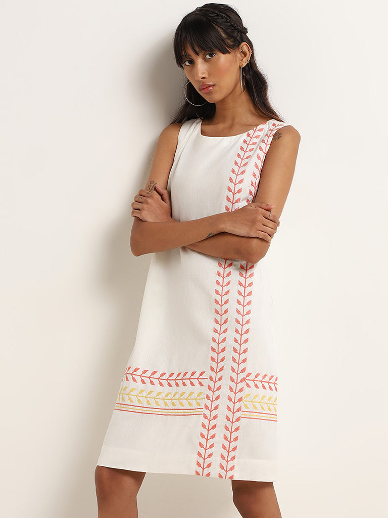 Bombay Paisley White Printed Cotton Blend Straight Dress