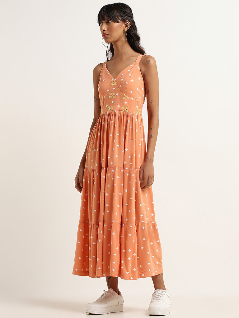 Bombay Paisley Peach Printed Tiered Dress