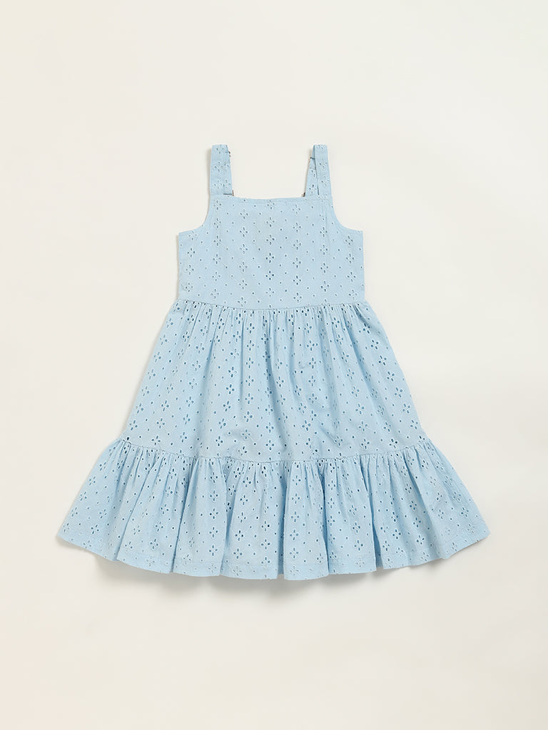 Utsa Kids Blue Schiffli Tiered Dress (2 - 8yrs)