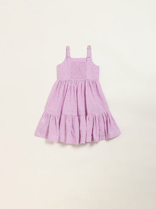 Utsa Kids Light Purple Cotton Schiffli Tiered Dress (2 - 8yrs)