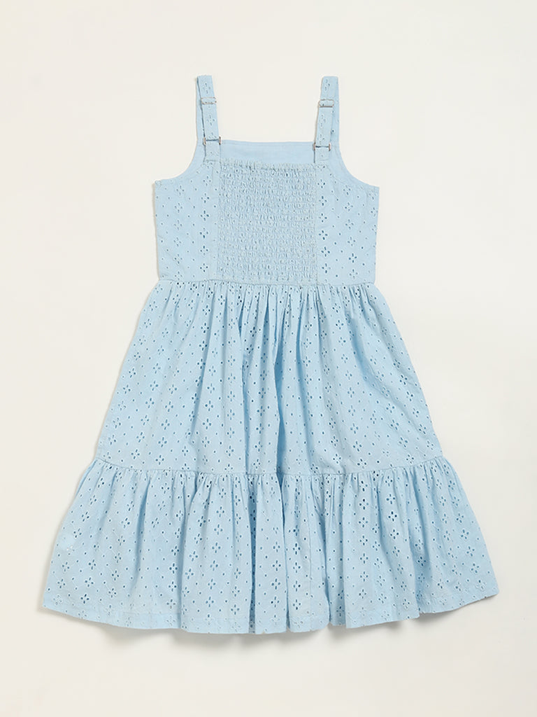 Utsa Kids Blue Schiffli Tiered Dress (8 -14yrs)