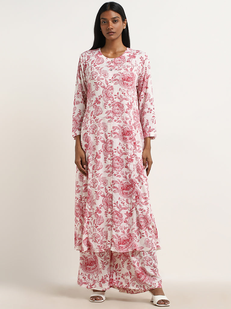 Zuba Red Floral Design Mid-Rise Palazzos