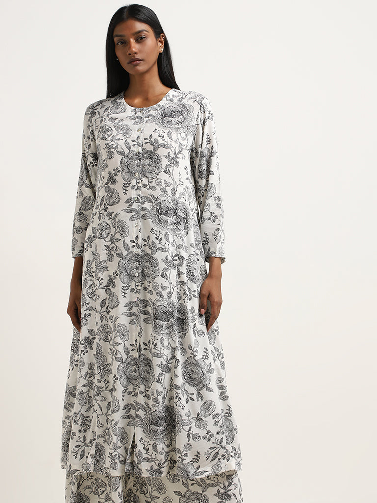 Zuba Black Rose Printed A-line Kurta