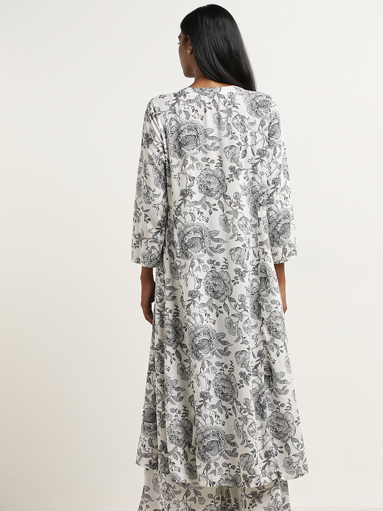 Zuba Black Rose Printed A-line Kurta