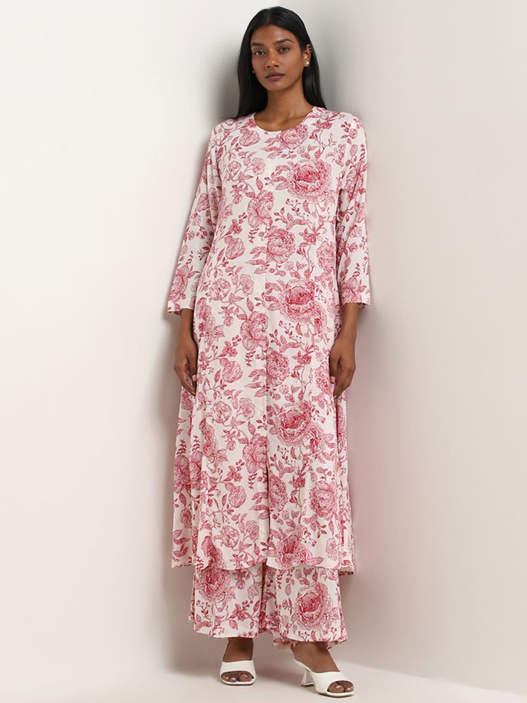 Zuba Red Rose Printed A-line Kurta