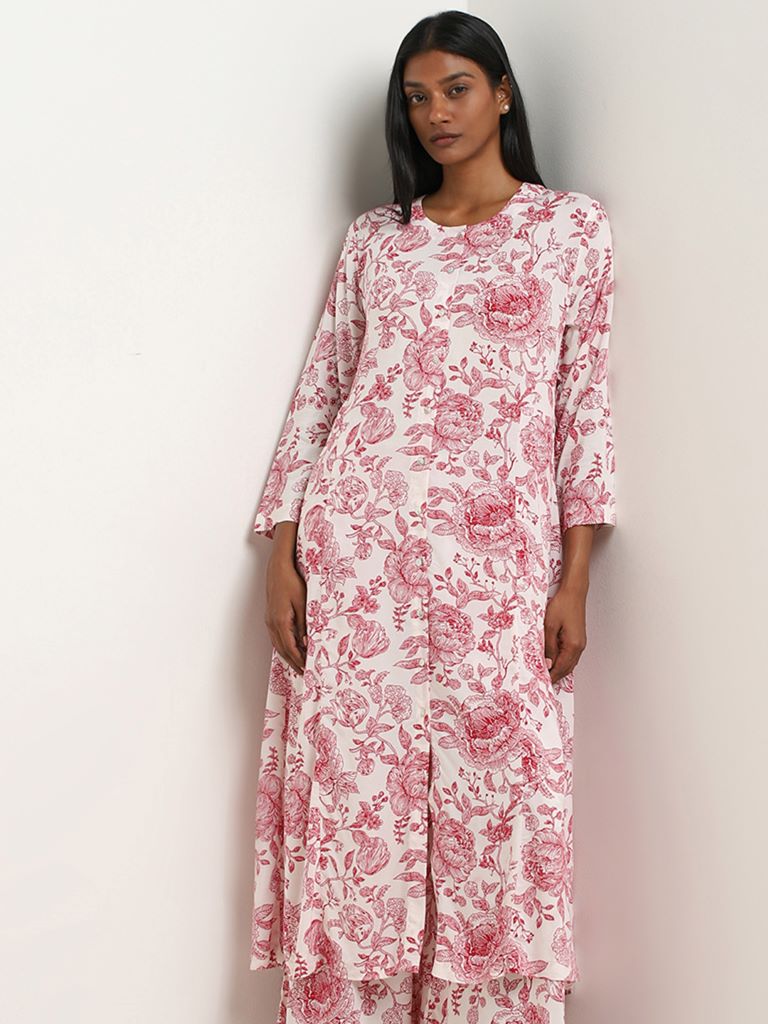 Zuba Red Rose Printed A-line Kurta