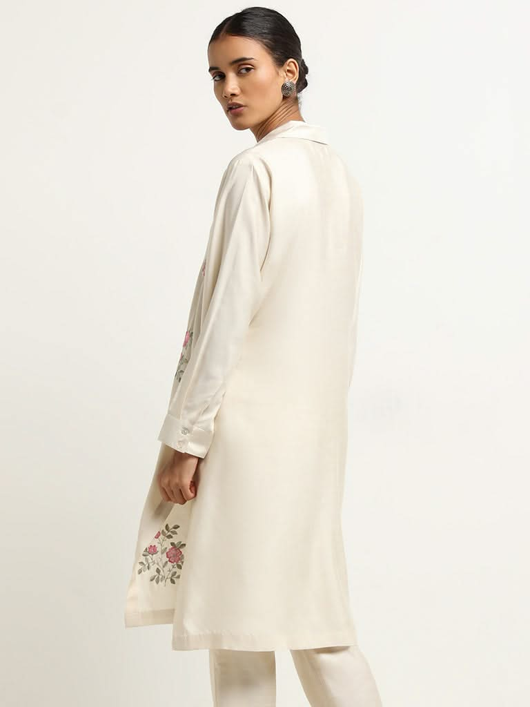 Zuba Off-White A-Line Floral Embroidered Kurta