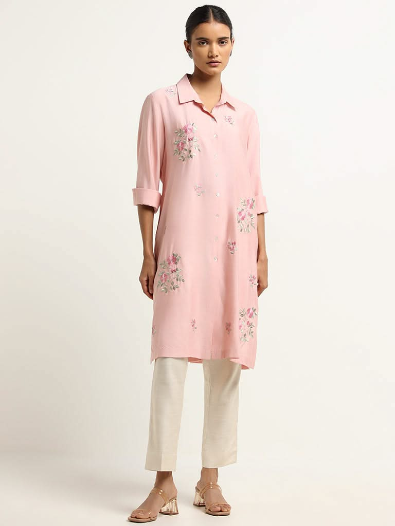 Zuba Pink A-Line Floral Embroidered Kurta