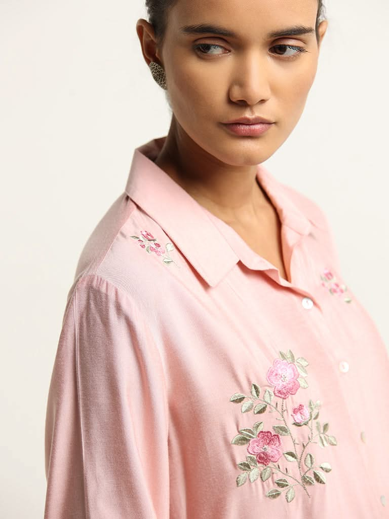 Zuba Pink A-Line Floral Embroidered Kurta