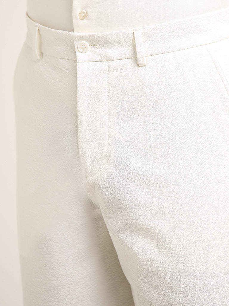 Ascot White Textured Relaxed Fit Mid Rise Shorts