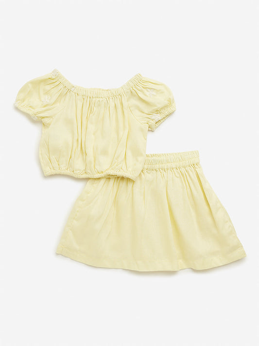 HOP Kids Yellow Floral Top & Mid Rise Skirt Set