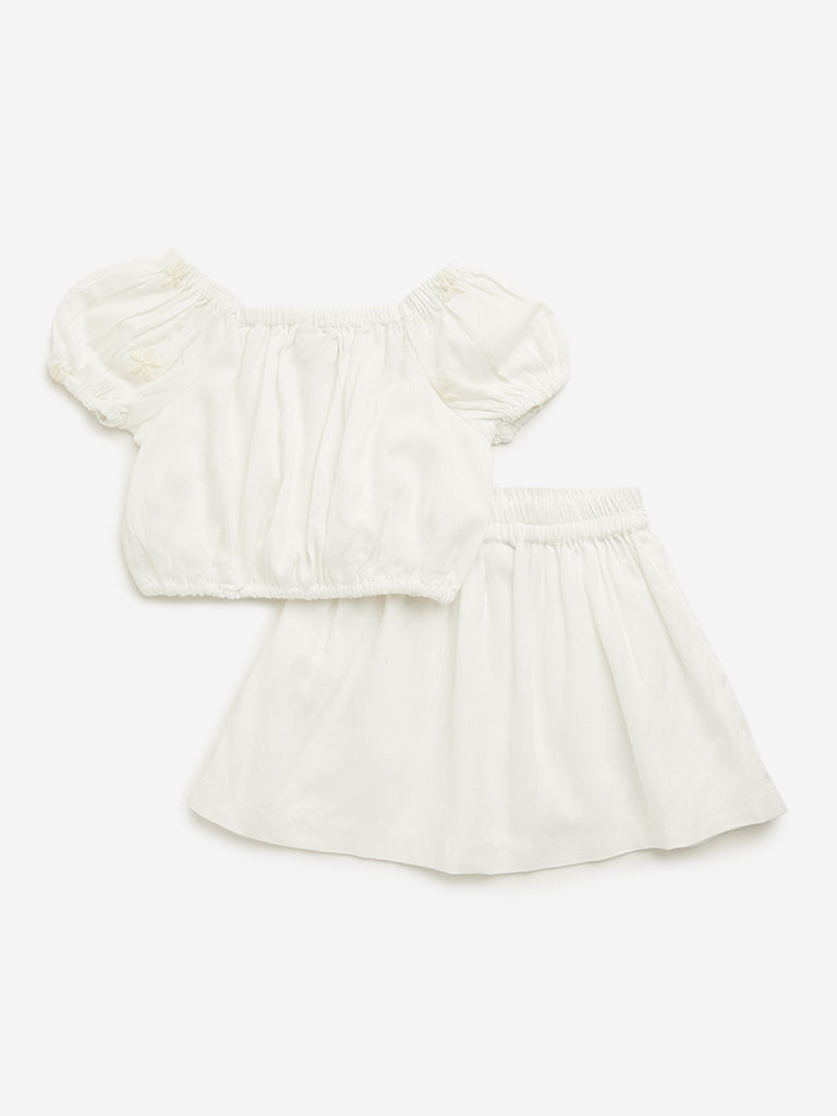 HOP Kids White Floral Top & Mid Rise Skirt Set