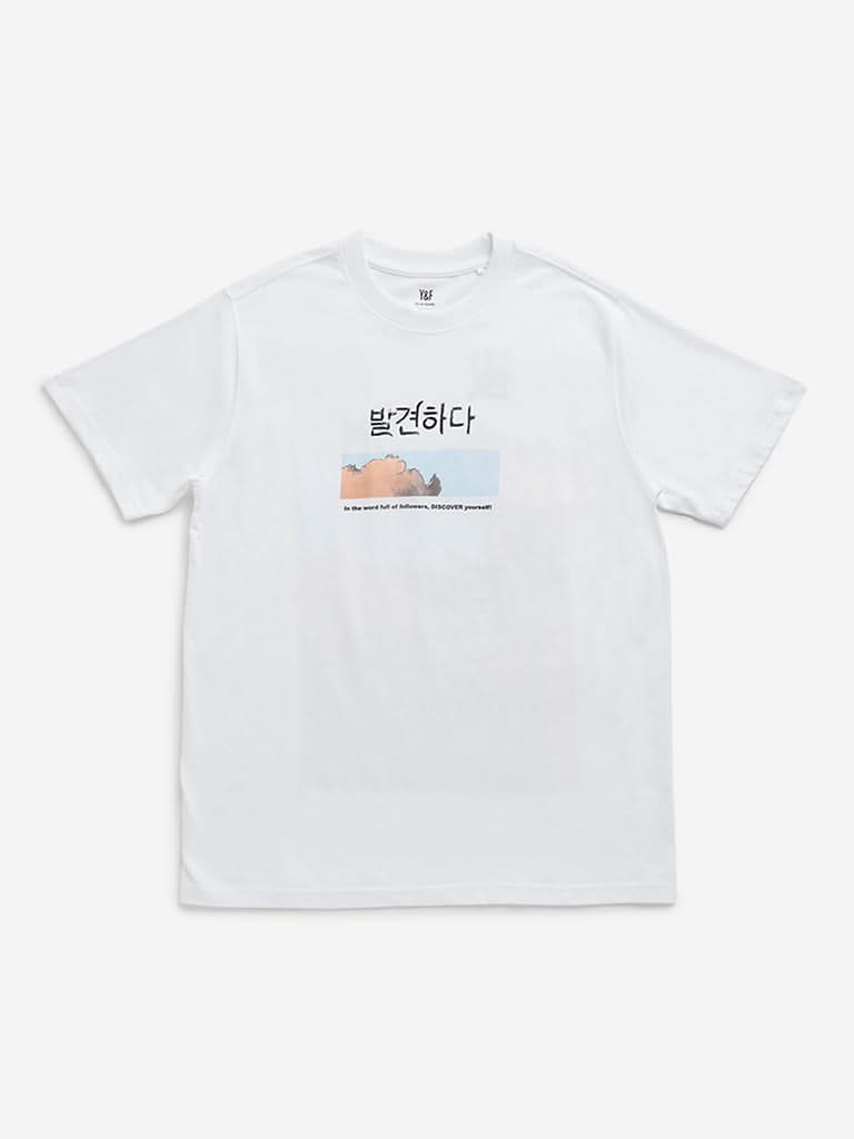 Y&F Kids White Text Printed T-Shirt