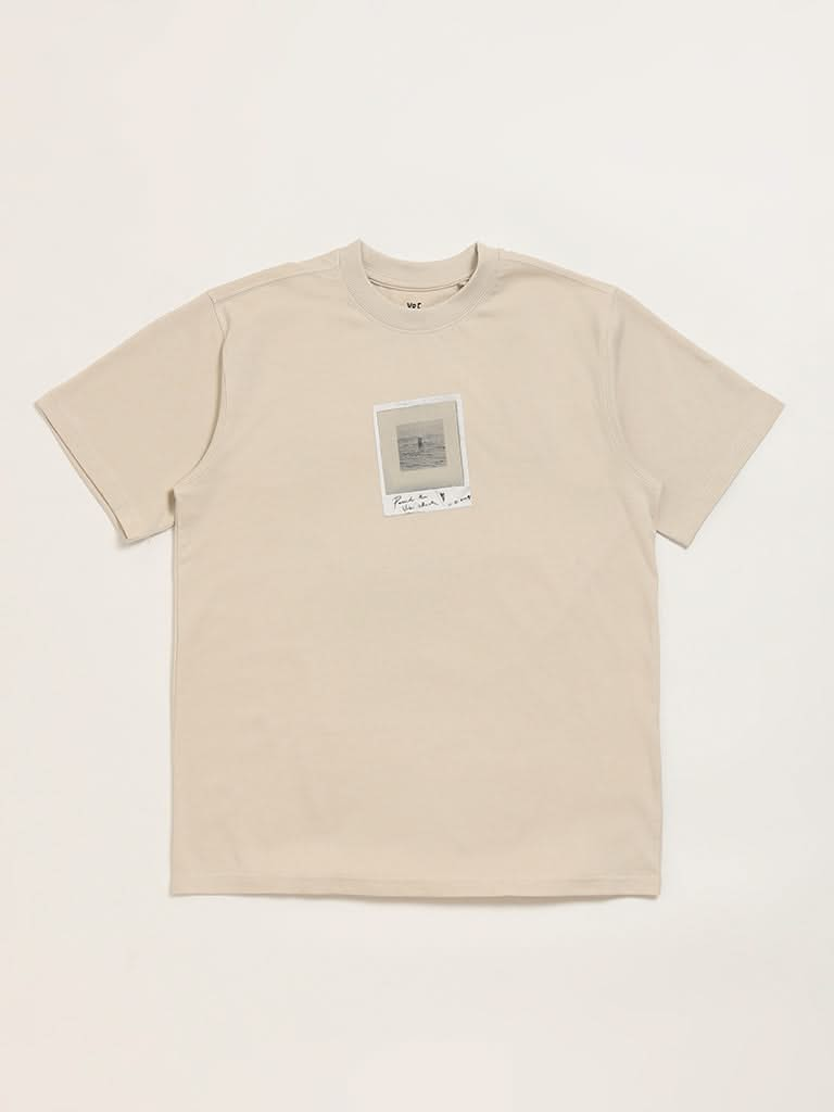 Y&F Kids Beige Printed Ribbed T-Shirt