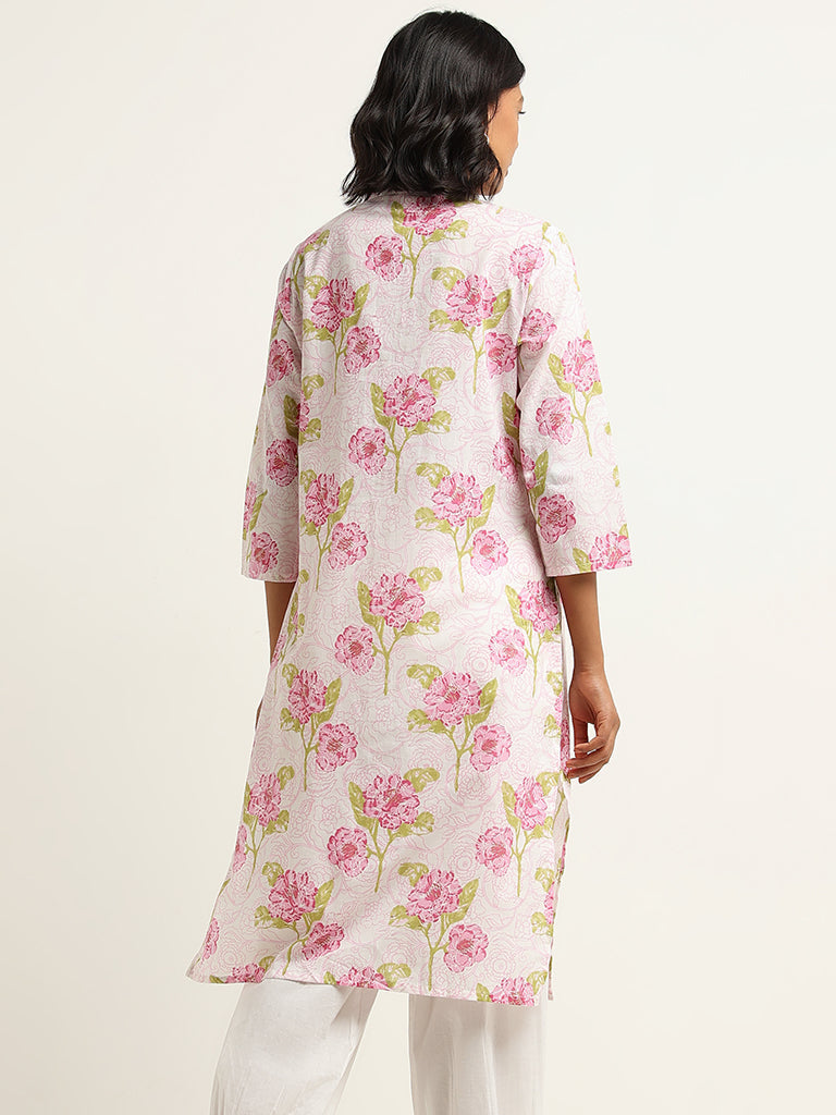 Utsa Pink Cotton Straight Fit Floral Print Kurta