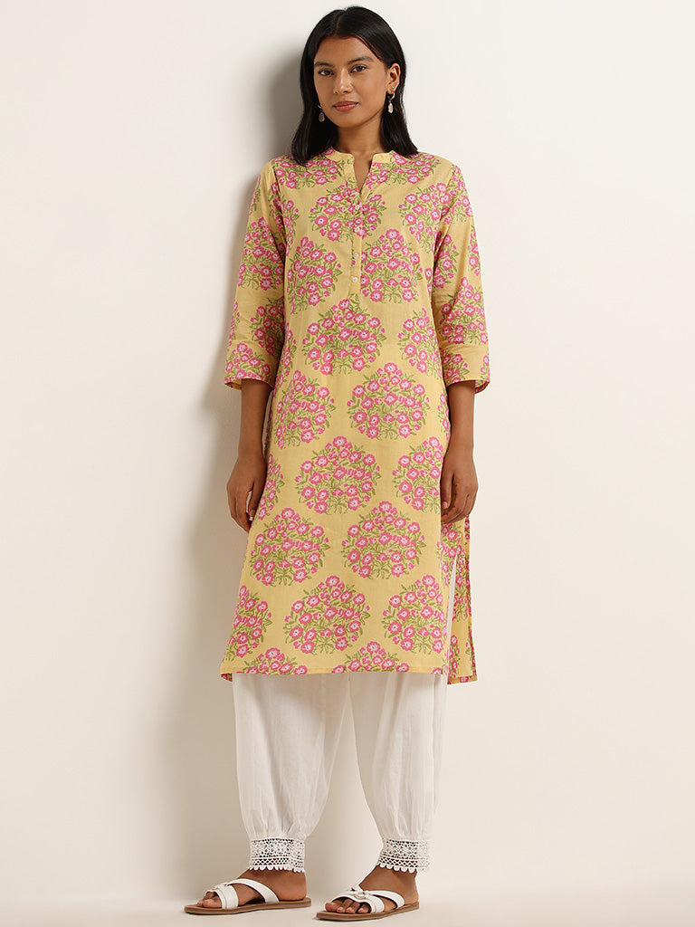 Utsa Yellow Floral Printed Cotton Straight Kurta