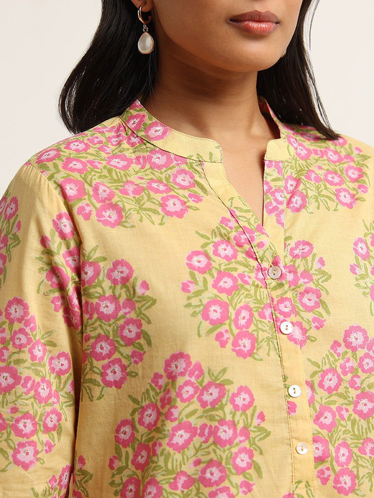 Utsa Yellow Floral Printed Cotton Straight Kurta