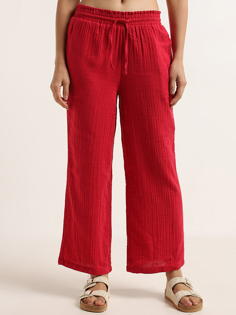 Wunderlove Red Cotton Crinkle Textured Mid-Rise Beach Pants