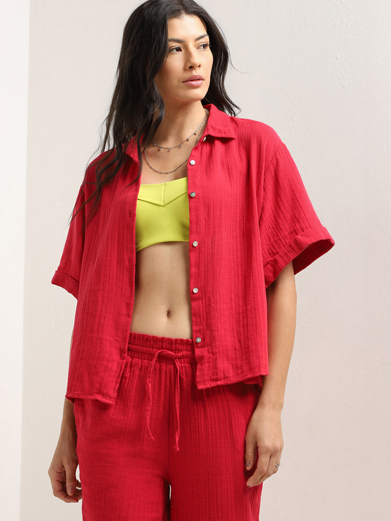 Wunderlove Red Crinkle Textured Cotton Shirt