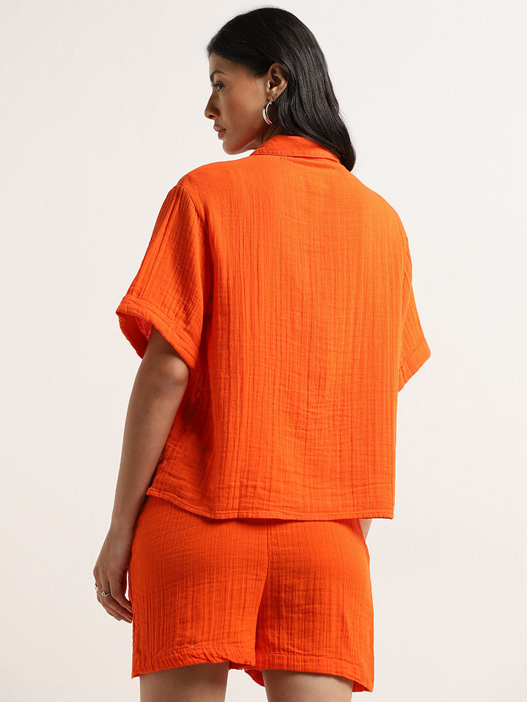 Wunderlove Orange Crinkle Textured Cotton Shirt