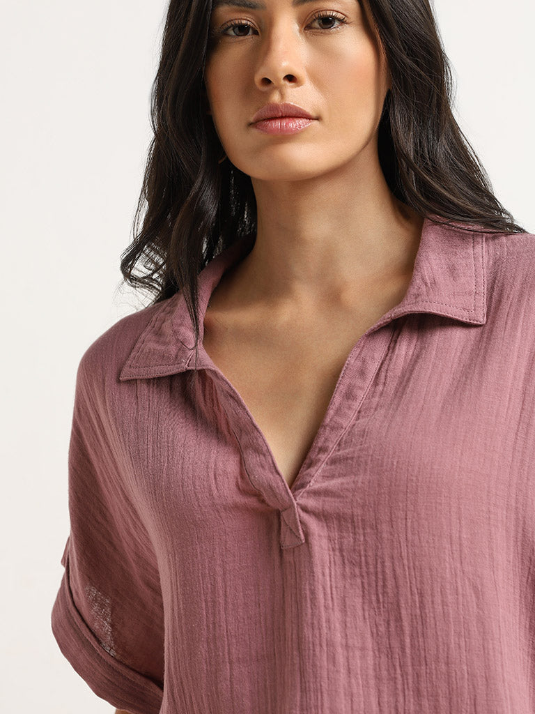 Wunderlove Light Brown Crinkle Textured Cotton Shirt