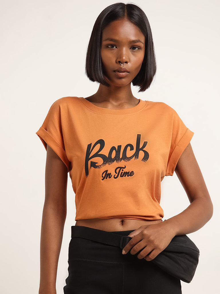 Studiofit Rust Text Printed Cotton T-Shirt