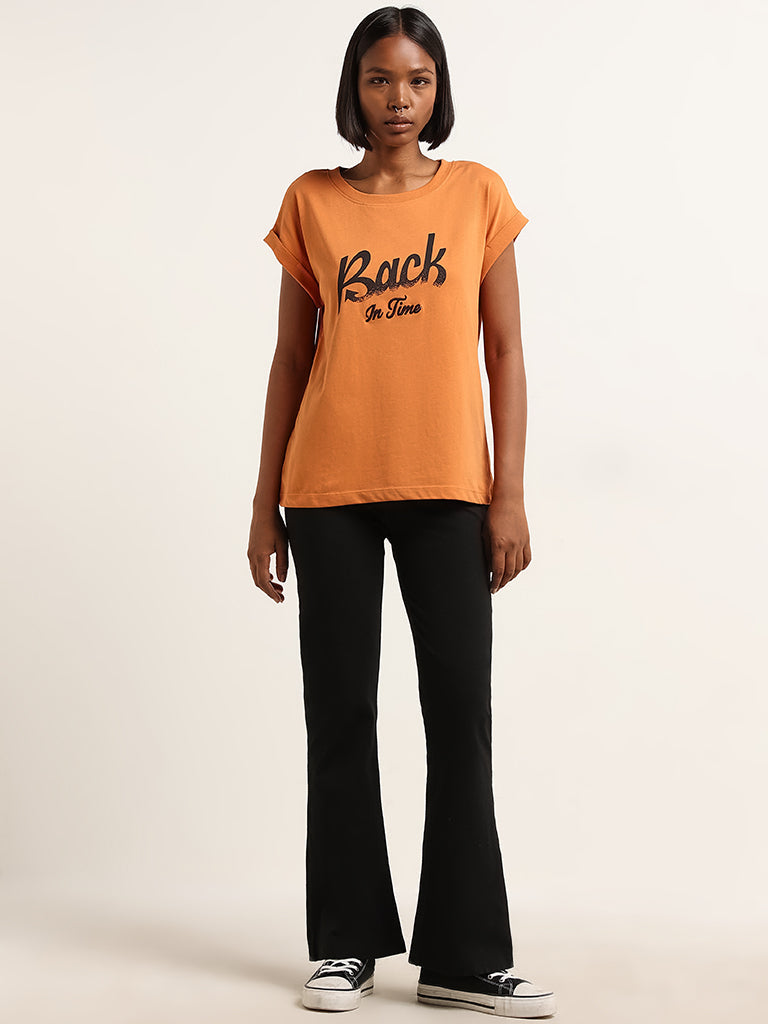 Studiofit Rust Text Printed Cotton T-Shirt