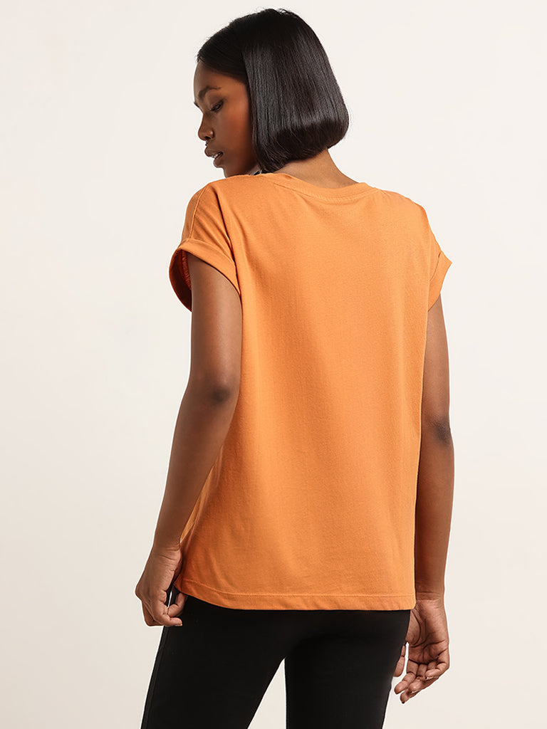 Studiofit Rust Text Printed Cotton T-Shirt