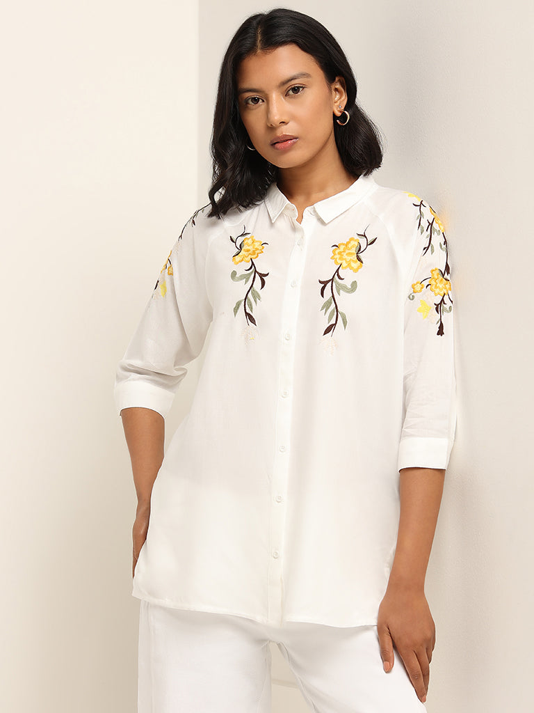 LOV White Floral Embroidered Shirt