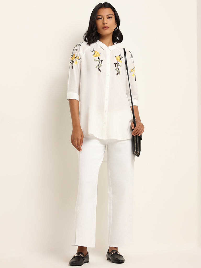 LOV White Floral Embroidered Shirt