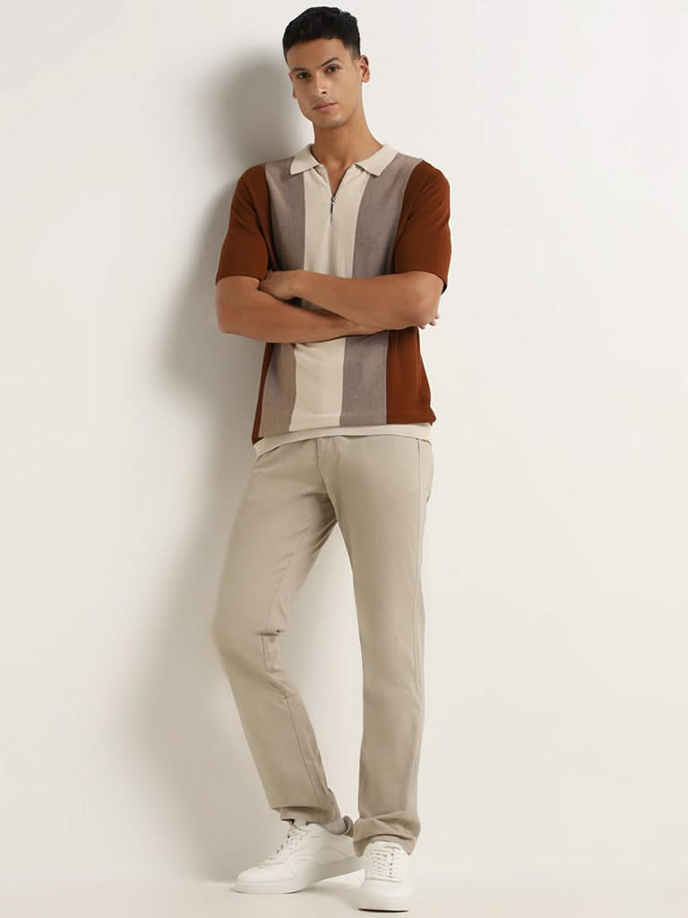 WES Casuals Beige Color Blocked Slim-Fit T-Shirt