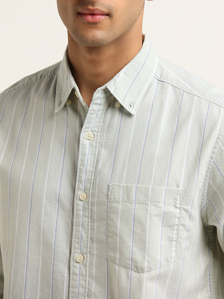 WES Casuals Light Sage Cotton Striped Relaxed Fit Shirt