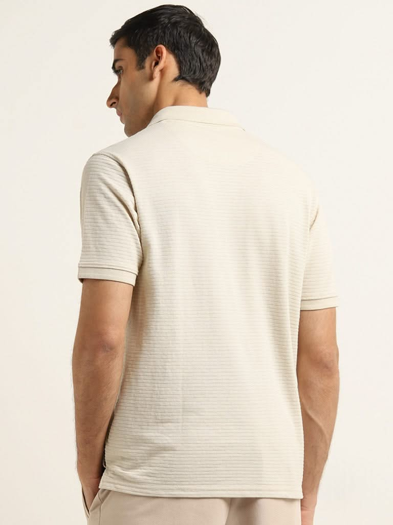 WES Casuals Beige Textured Cotton Blend Relaxed Fit T-Shirt