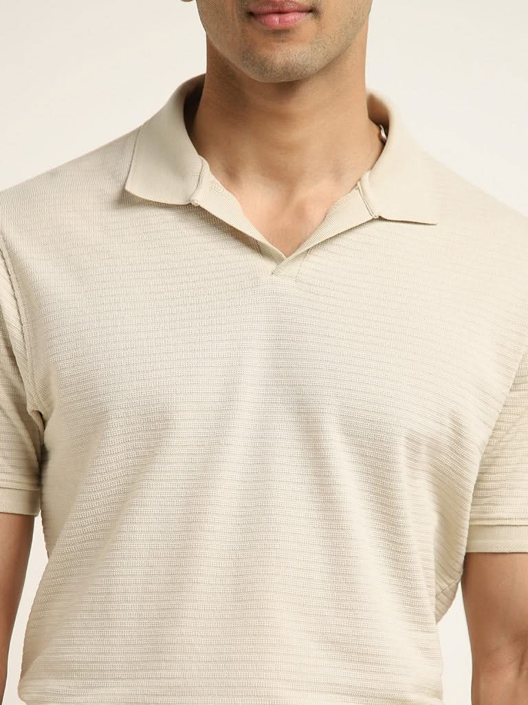 WES Casuals Beige Textured Cotton Blend Relaxed Fit T-Shirt