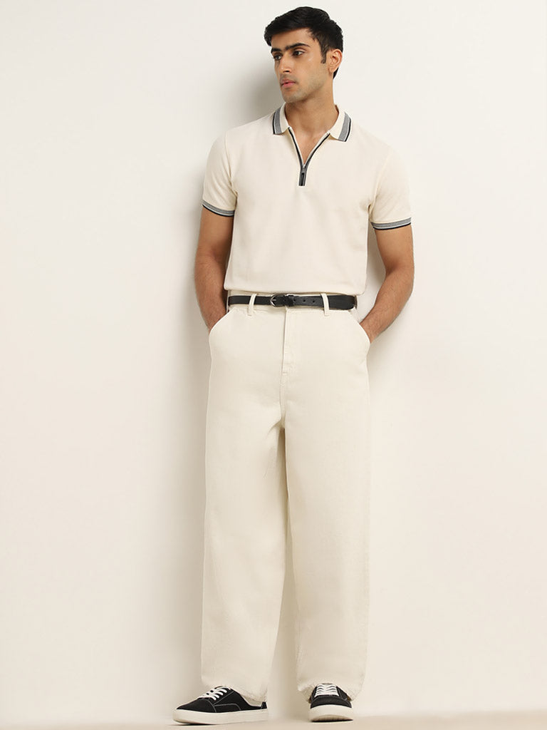 WES Casuals Off-White Slim-Fit Polo T-Shirt