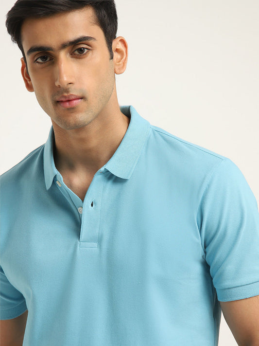 WES Casuals Blue Solid Relaxed Fit Polo T-Shirt