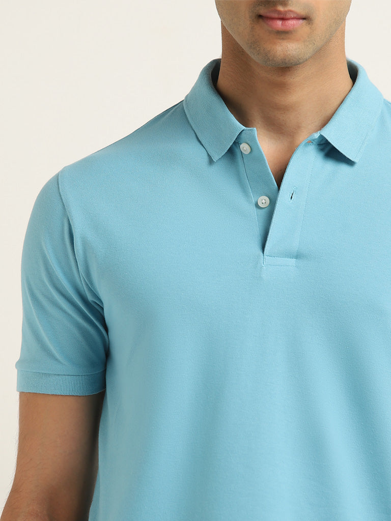 WES Casuals Blue Solid Slim Fit Polo T-Shirt