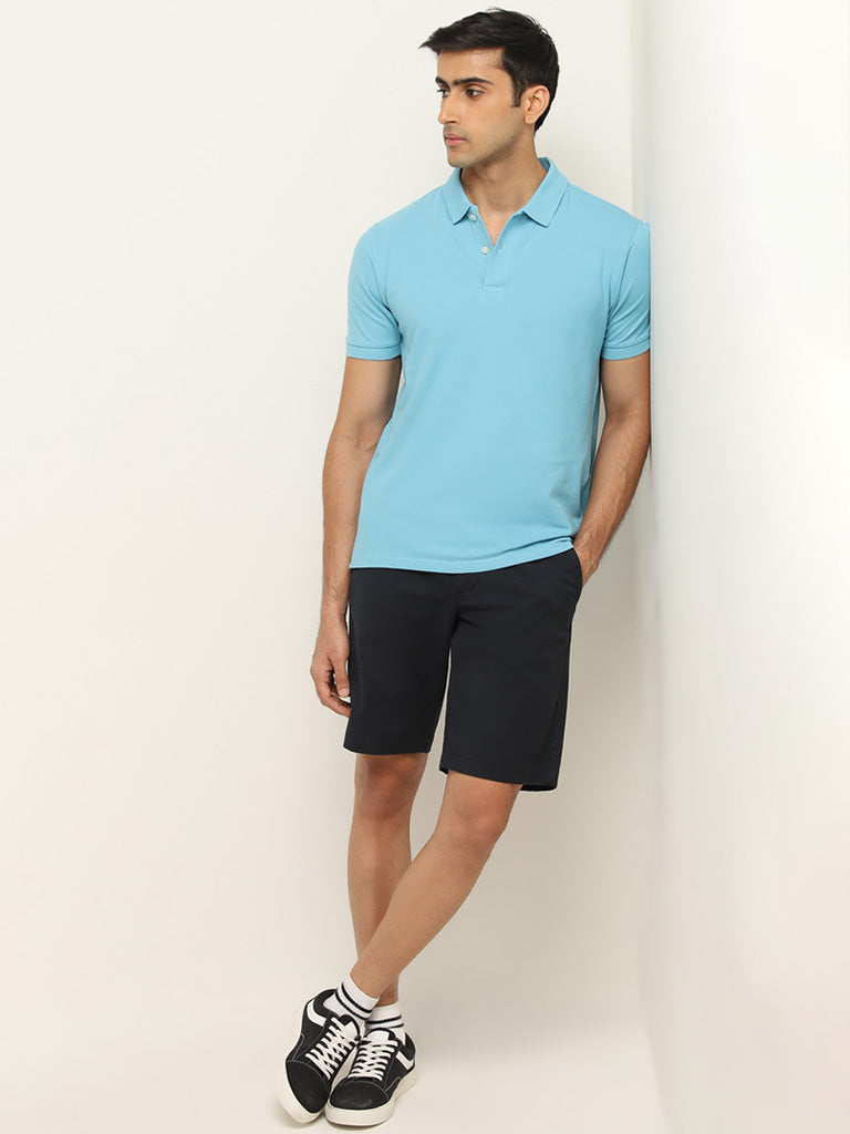 WES Casuals Blue Solid Slim Fit Polo T-Shirt