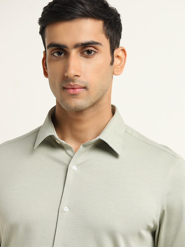 WES Formals Light Sage Cotton Slim-Fit Shirt