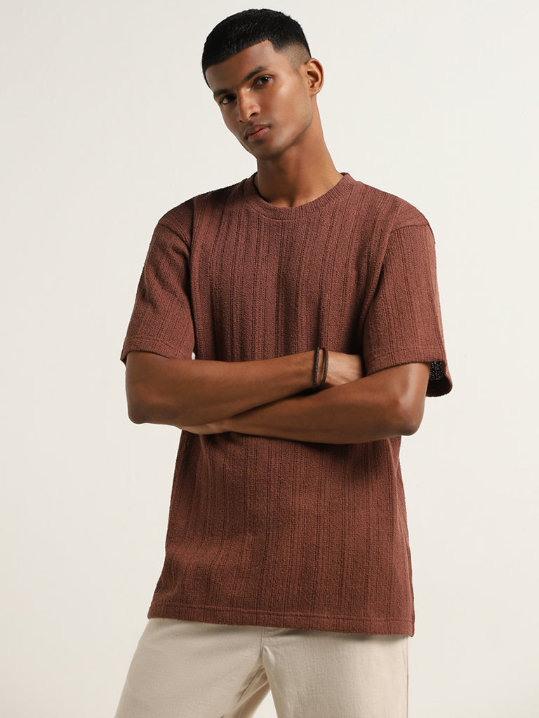 ETA Dark Rust Relaxed Fit Striped Cotton Blend T-Shirt