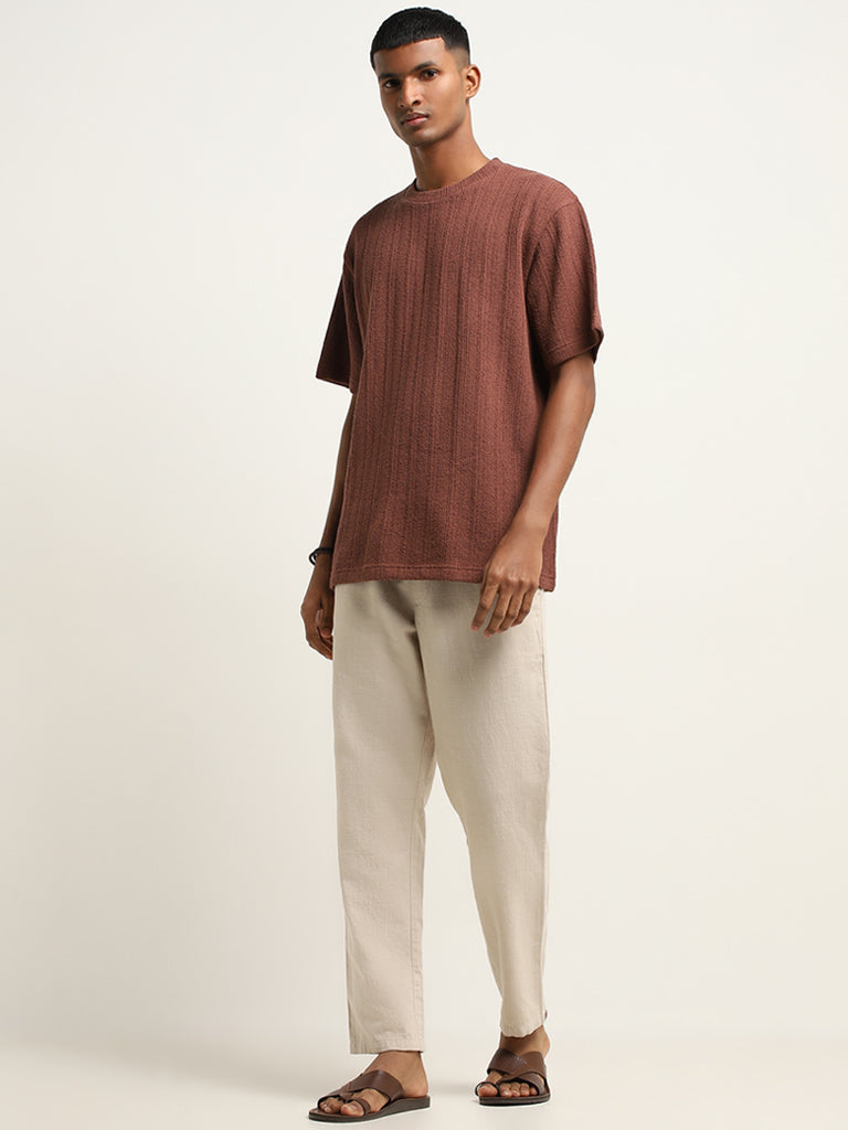 ETA Dark Rust Relaxed Fit Striped Cotton Blend T-Shirt