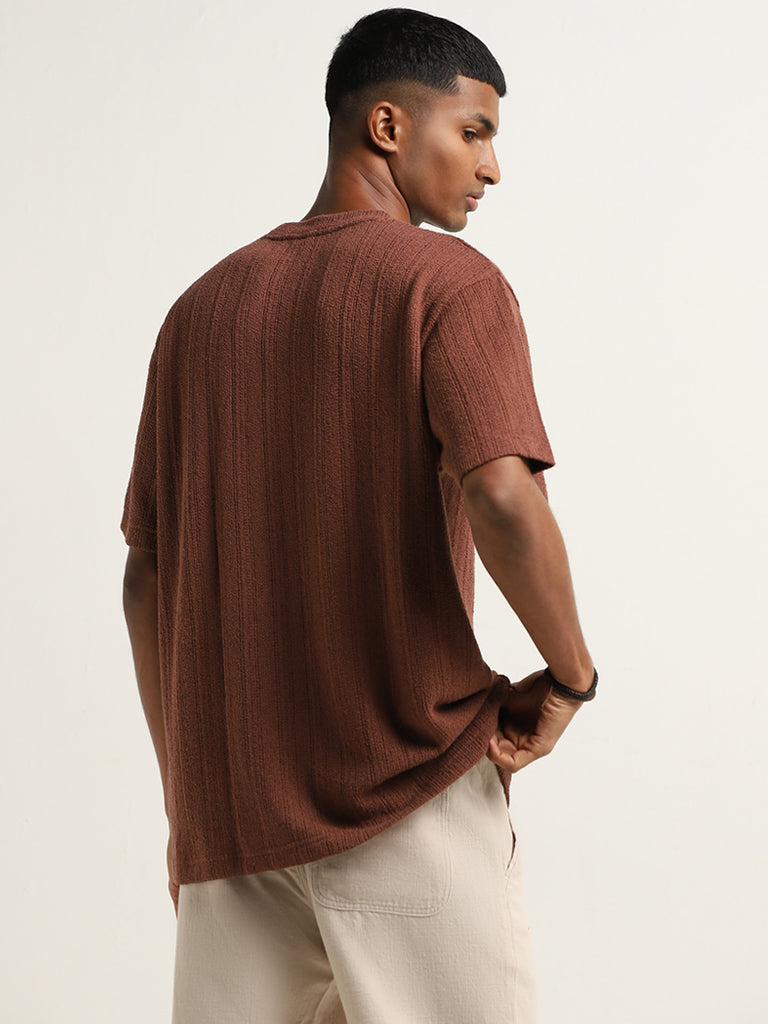 ETA Dark Rust Relaxed Fit Striped Cotton Blend T-Shirt