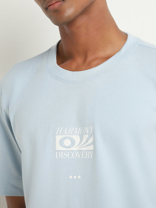 Studiofit Blue Text Printed Relaxed Fit T-Shirt