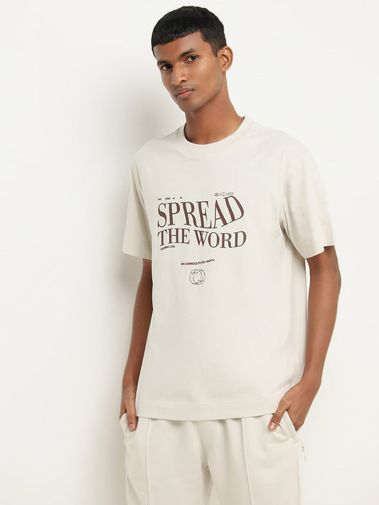 Studiofit Light Beige Text Printed Relaxed Fit T-Shirt