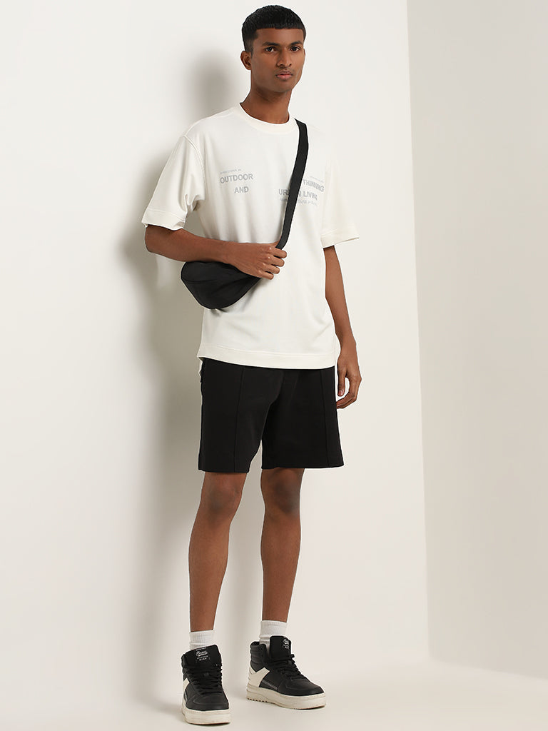 Studiofit Off-White Text Embossed Relaxed Fit T-Shirt