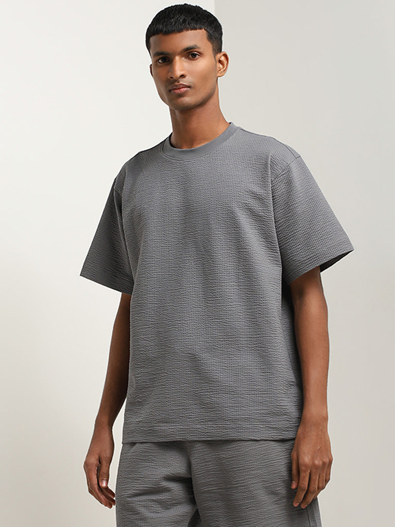 Studiofit Dark Grey Waffle-Textured Relaxed Fit T-Shirt