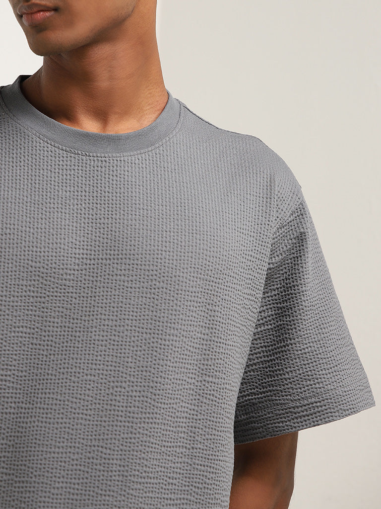 Studiofit Dark Grey Waffle-Textured Relaxed Fit T-Shirt