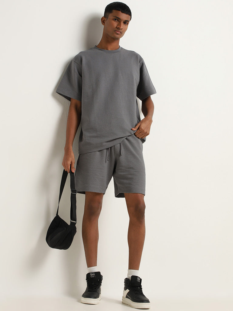 Studiofit Dark Grey Waffle-Textured Relaxed Fit T-Shirt